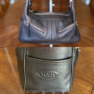 Tod's Dark Brown Milky Bag Pebbled Leather Shoulder Bag with Gold Zippers - EUC